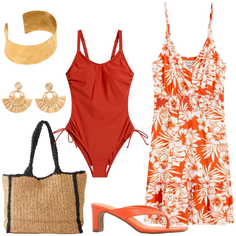 Outfit donna - Total look #2203721. Stile Casual per Mare. Abbinamento con costumi interi, infradito, shopping bag, orecchini, vestiti, braccialetti.