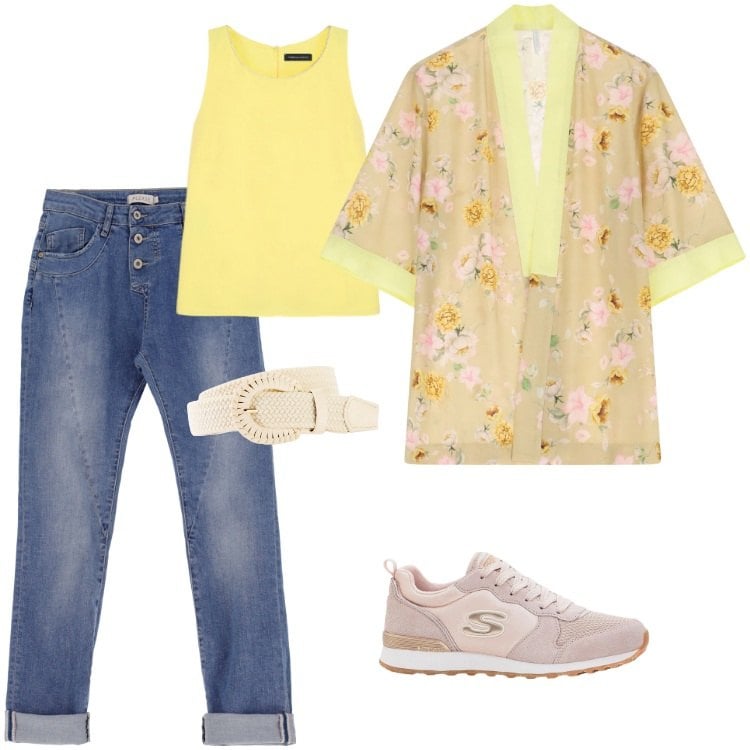 Outfit donna - Total look #2203722. Stile Boho per Mare. Abbinamento con sneakers, cinture, jeans slim fit, bluse, top.