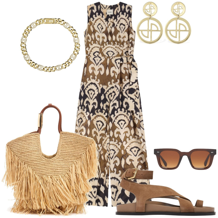 Outfit donna - Total look #2203723. Stile Casual per Tutti i giorni. Abbinamento con braccialetti, tute, sandali in pelle, orecchini, occhiali da sole, borse tote.