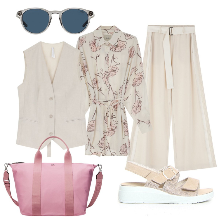 Outfit donna - In ufficio. Stile Bon Ton per Ufficio. Abbinamento con pantaloni, gilet, camicie, occhiali da sole, borse tote, sandali.