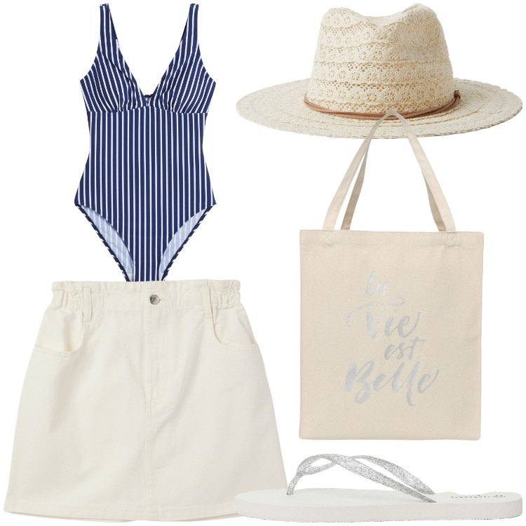 Outfit donna - C´est la vie. Stile Basic per Mare. Abbinamento con costumi interi, minigonne, cappelli, borse tote, infradito.