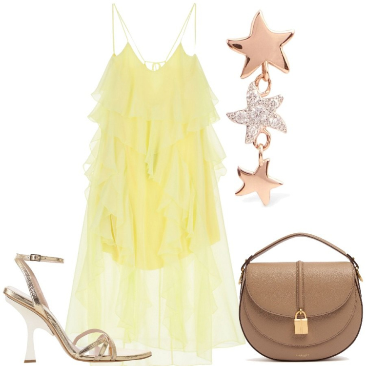Outfit donna - Sunshine. Stile Minimal per Cerimonia. Abbinamento con vestiti lunghi, sandali col tacco, orecchini, borse a spalla.