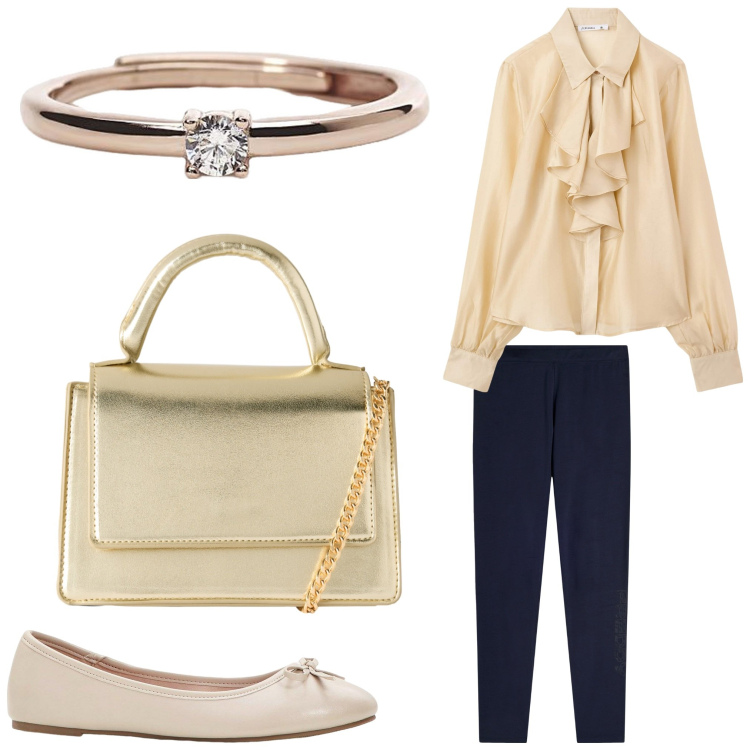 Outfit donna - Bon ton in ufficio. Stile Bon Ton per Ufficio. Abbinamento con ballerine, camicie, borse a tracolla, anelli, leggings.