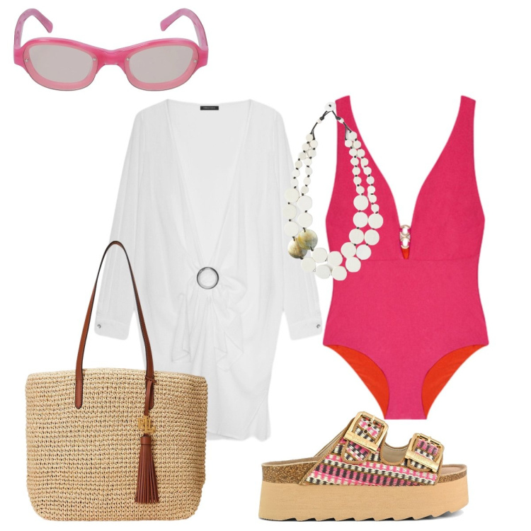Outfit donna - Il costume fucsia. Stile Glamour per Mare. Abbinamento con borse tote, sandali, vestiti da spiaggia, costumi interi, ciondoli, occhiali da sole.