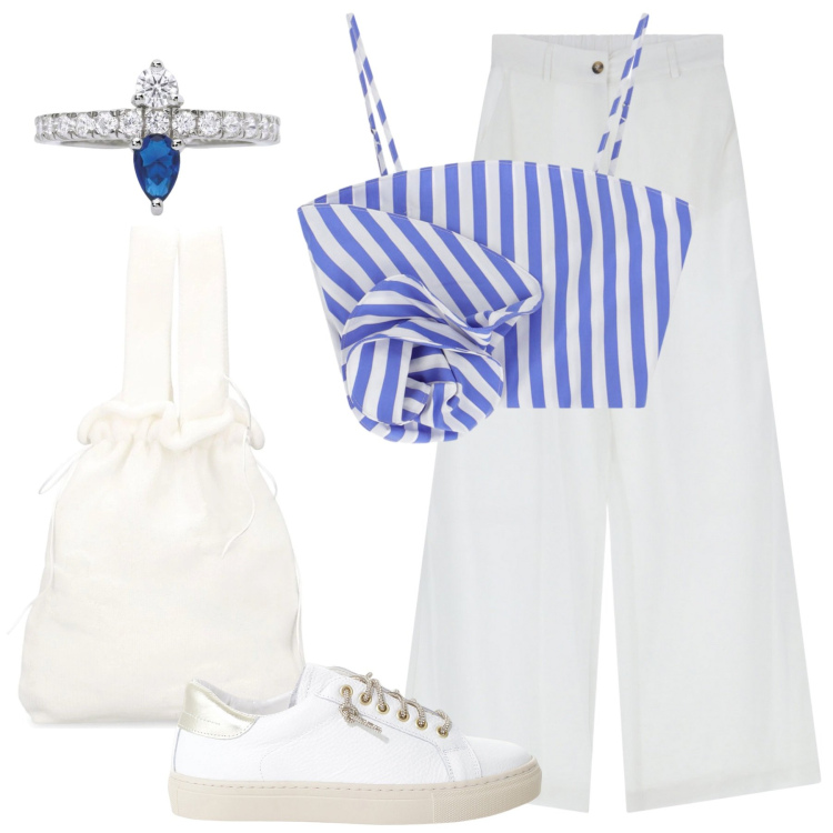 Outfit donna - Taormina. Stile Bon Ton per Tutti i giorni. Abbinamento con anelli, sneakers, canottiere, pantaloni, borse a mano.