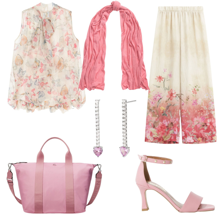 Outfit donna - Fiori delicati. Stile Romantica per Serata fuori. Abbinamento con orecchini, camicie, sandali col tacco, pantaloni, borse tote, sciarpe.