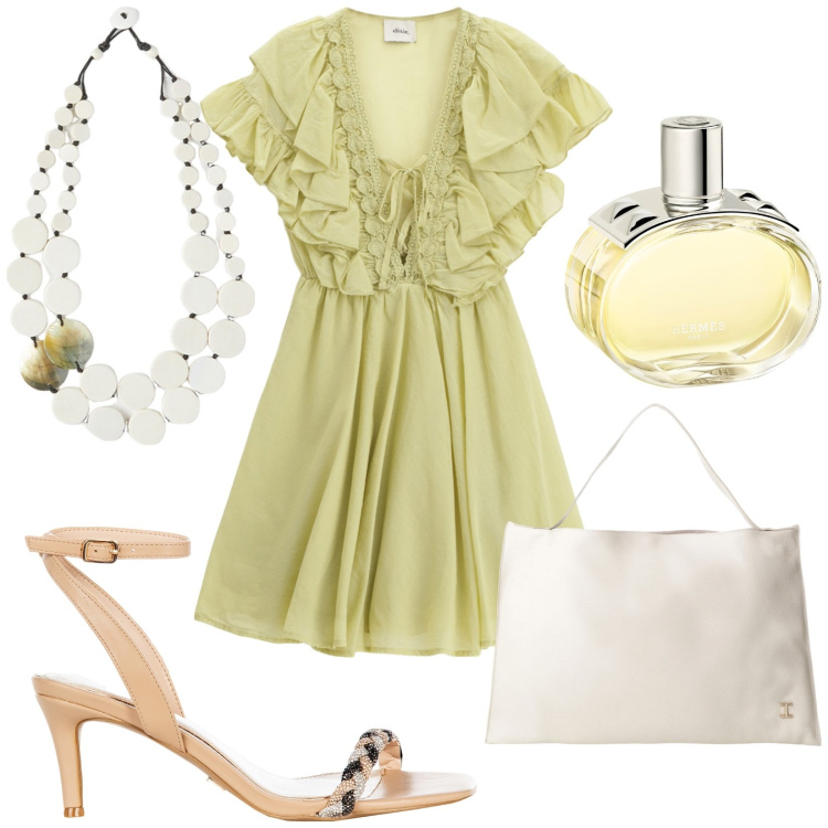 Outfit donna - Total look #2203759. Stile Romantica per Serata fuori. Abbinamento con profumi, sandali in pelle, borse a spalla, vestiti corti, ciondoli.