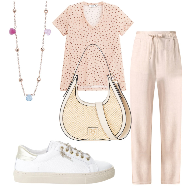 Outfit donna - Total look #2203760. Stile Casual chic per Tutti i giorni. Abbinamento con pantaloni a palazzo, borse a mano, t-shirt, collane, sneakers.