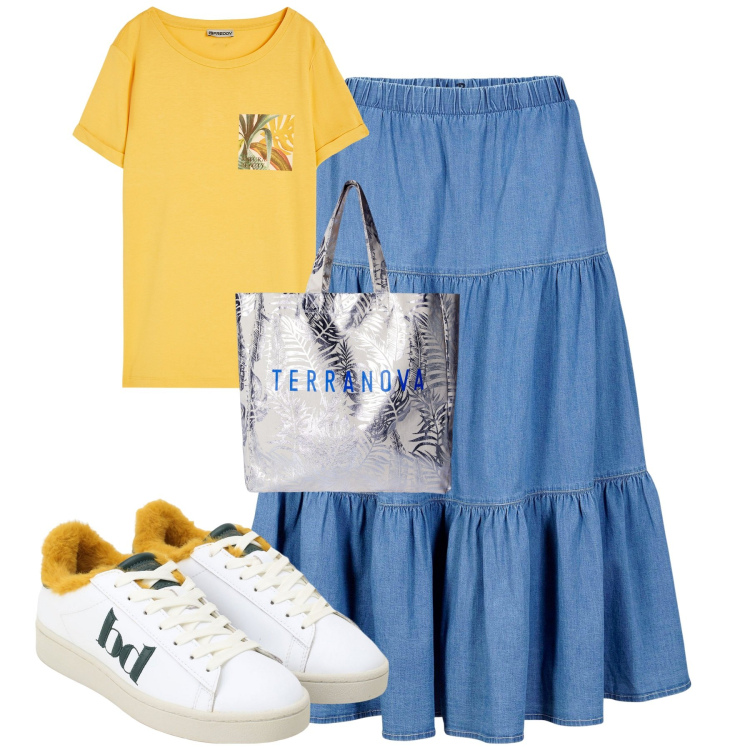 Outfit donna - Luglio. Stile Casual per Tutti i giorni. Abbinamento con gonne longuette, borse tote, sneakers, t-shirt.
