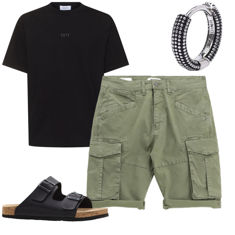 Outfit uomo - Total look #2203767. Stile Casual per Tutti i giorni. Abbinamento con sandali, orecchini, bermuda, t-shirt.