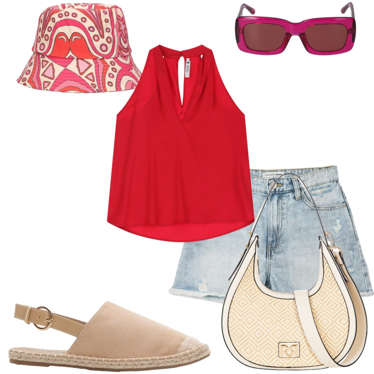 Outfit donna - Shorts e top. Stile Casual per Tutti i giorni. Abbinamento con espadrillas, shorts, borse a mano, top, occhiali da sole, cappelli.