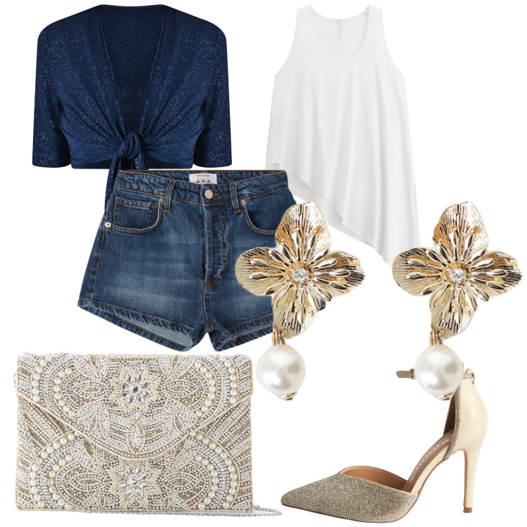 Outfit donna - Aperitivo in shorts di jeans. Stile Sexy per Serata fuori. Abbinamento con pochette, décolleté, shorts, bolero, canottiere, orecchini.