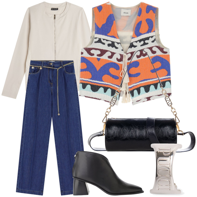 Outfit donna - Etnica in montagna. Stile Etnico per Tutti i giorni. Abbinamento con borse a mano, jeans, felpe, stivaletti, gilet, orecchini.