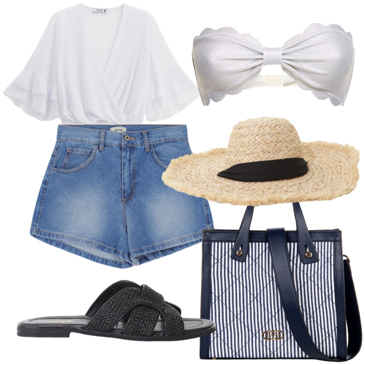 Outfit donna - Le vacanze son solo al mare. Stile Glamour per Mare. Abbinamento con shopping bag, top, cappelli, shorts, sandali, bikini.