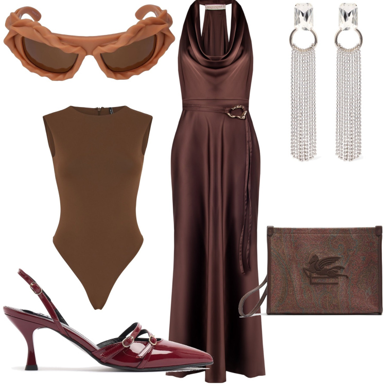 Outfit donna - Una dea color cioccolato. Stile Glamour per Serata fuori. Abbinamento con vestiti lunghi, body, clutch, occhiali da sole, orecchini, décolleté.