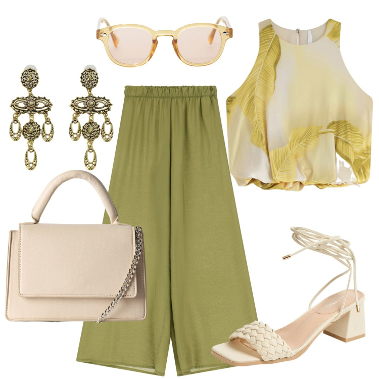Outfit donna - Blusa morbida per l\'ufficio. Stile Casual chic per Ufficio. Abbinamento con borse a tracolla, sandali alla schiava, occhiali da sole, top, pantaloni, orecchini.