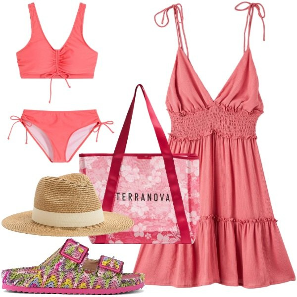 Outfit donna - outfit monocromatico con twist. Stile Basic per Mare. Abbinamento con bikini, vestiti corti, shopping bag, cappelli, sandali.