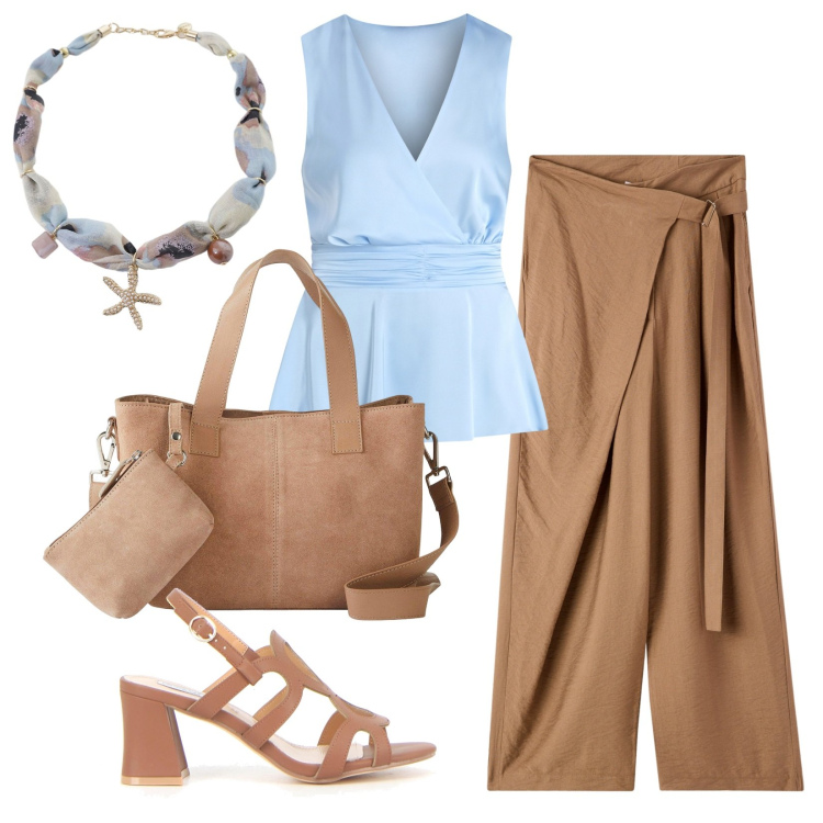 Outfit donna - Un tocco marino in città. Stile Minimal per Ufficio. Abbinamento con borse a mano, pantaloni, top, collane, sandali col tacco.