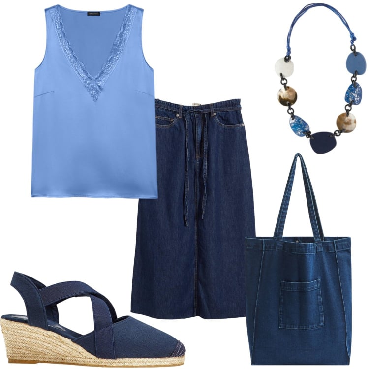 Outfit donna - Estate in jeans. Stile Casual chic per Tutti i giorni. Abbinamento con sandali col tacco, gonne longuette, shopping bag, top, collane.