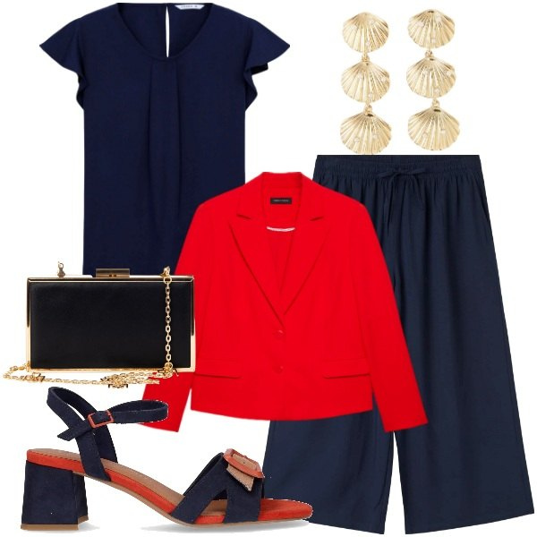 Outfit donna - Total look #2203793. Stile Bon Ton per Ufficio. Abbinamento con pantaloni a palazzo, orecchini, bluse, pochette, blazer, sandali col tacco.