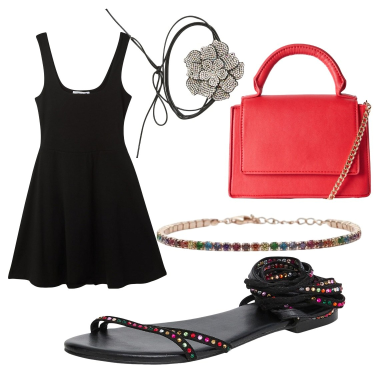 Outfit donna - Terranova Summer sale 2025. Stile Casual chic per Serata fuori. Abbinamento con vestiti, sandali alla schiava, borse a tracolla, collane, braccialetti.