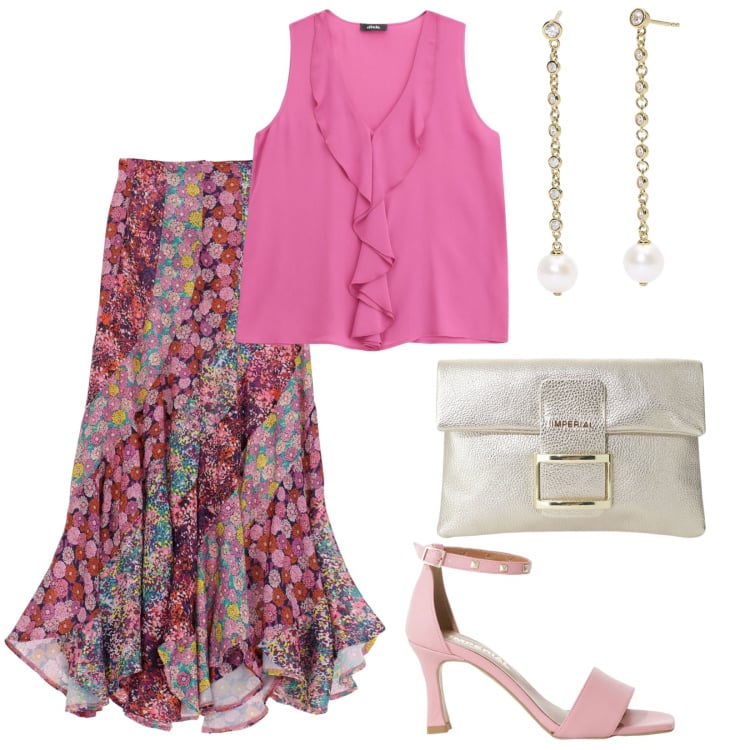Outfit donna - Summer day. Stile Glamour per Tutti i giorni. Abbinamento con orecchini, sandali col tacco, pochette, top, gonne lunghe.