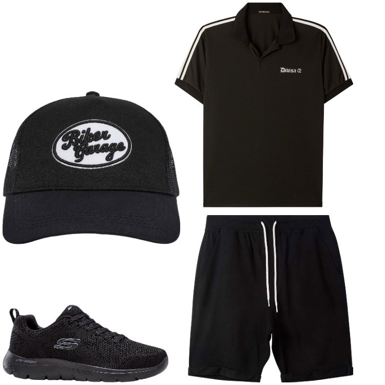 Outfit uomo - Black estate. Stile Casual per Tutti i giorni. Abbinamento con sneakers, cappelli, pantaloni corti, polo.