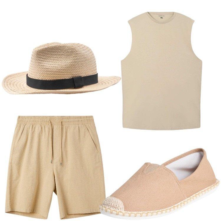 Outfit uomo - Corda e sabbia. Stile Casual per Mare. Abbinamento con espadrillas, canottiere, pantaloni corti, cappelli.