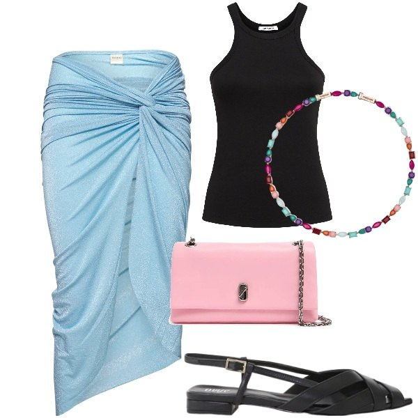 Outfit donna - Gonna pareo in città. Stile Trendy per Tutti i giorni. Abbinamento con collane, sandali, vestiti da spiaggia, pochette, canottiere.