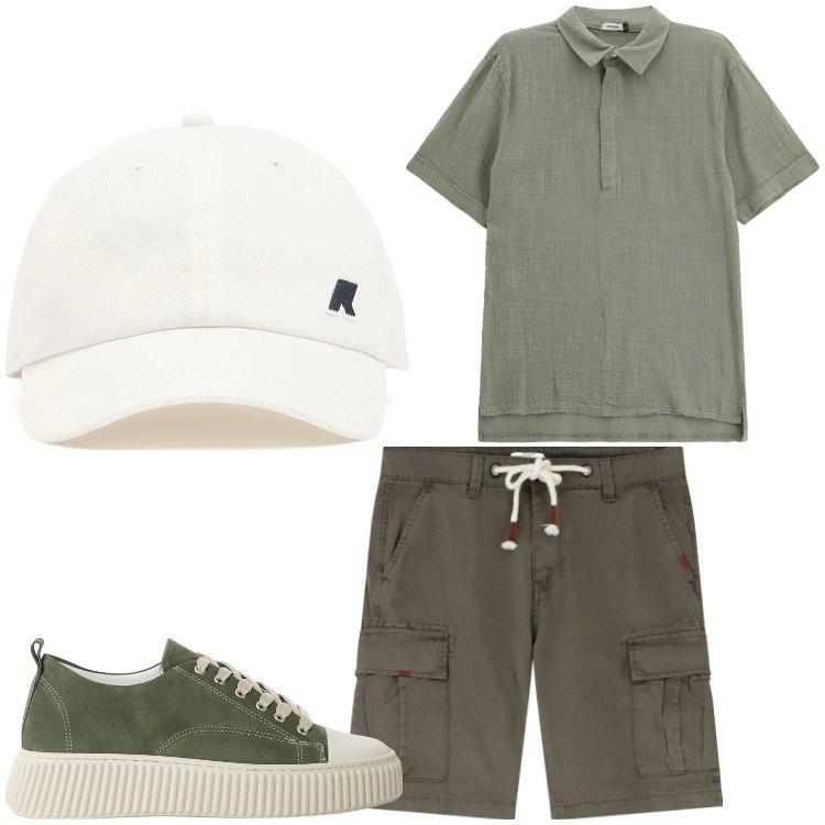Outfit uomo - Sono pronto. Stile Casual per Tutti i giorni. Abbinamento con sneakers, bermuda, polo, cappelli.