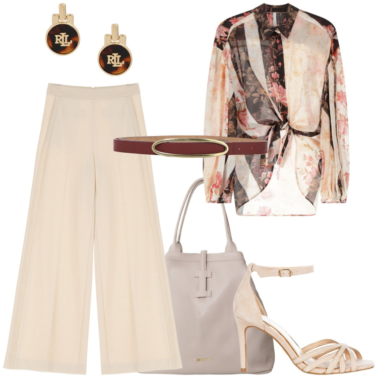 Outfit donna - Luglio al lavoro. Stile Casual chic per Ufficio. Abbinamento con sandali col tacco, camicie, borse tote, pantaloni a palazzo, cinture, orecchini.