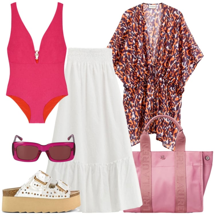 Outfit donna - Costume intero. Stile Casual chic per Mare. Abbinamento con vestiti da spiaggia, gonne lunghe, borse tote, costumi interi, sandali, occhiali da sole.