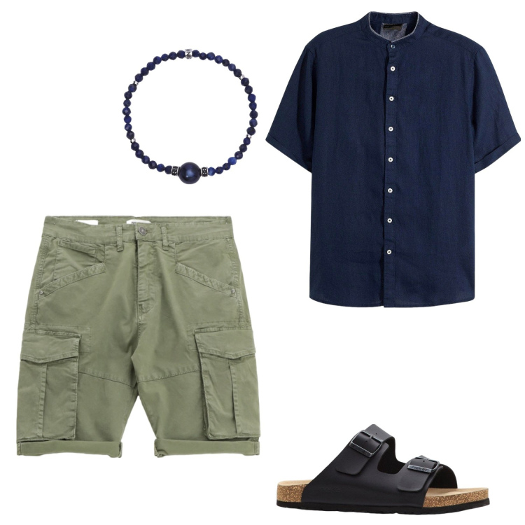 Outfit uomo - Sandali neri classici. Stile Casual per Tutti i giorni. Abbinamento con sandali, camicie a manica corta, braccialetti, bermuda.