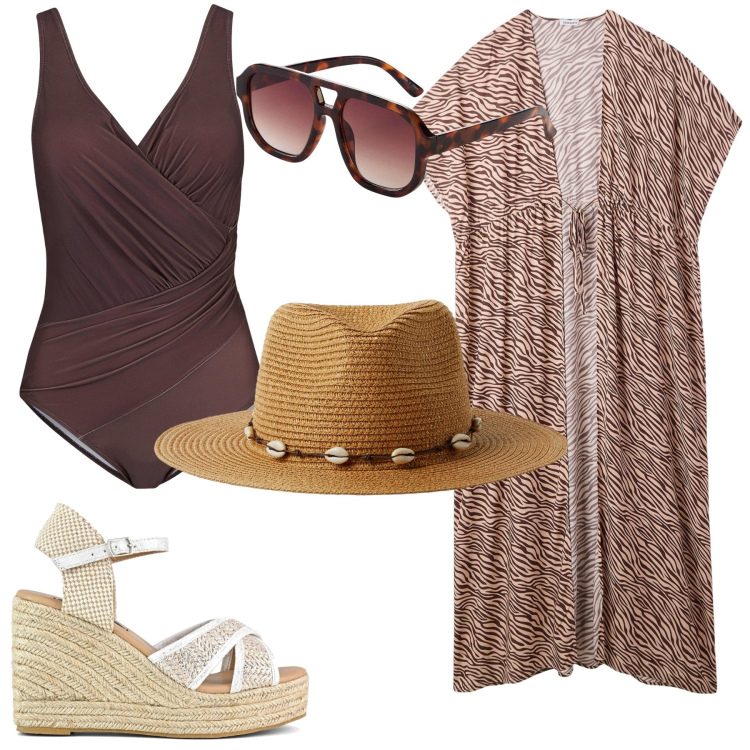 Outfit donna - Outfit da spiaggia curvy. Stile Casual per Mare. Abbinamento con costumi interi, occhiali da sole, caftani, cappelli, zeppe.