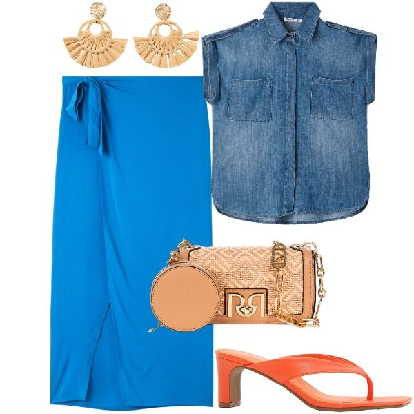 Outfit donna - La gonna pareo in città. Stile Chic per Tutti i giorni. Abbinamento con orecchini, infradito, camicie a manica corta, vestiti da spiaggia, borse a tracolla.
