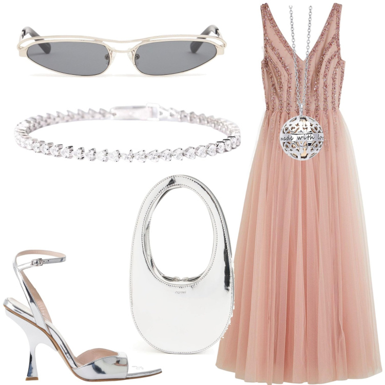 Outfit donna - Cerimonia d\'estate. Stile Chic per Cerimonia. Abbinamento con vestiti lunghi, collane, braccialetti, décolleté, borse a mano, occhiali da sole.