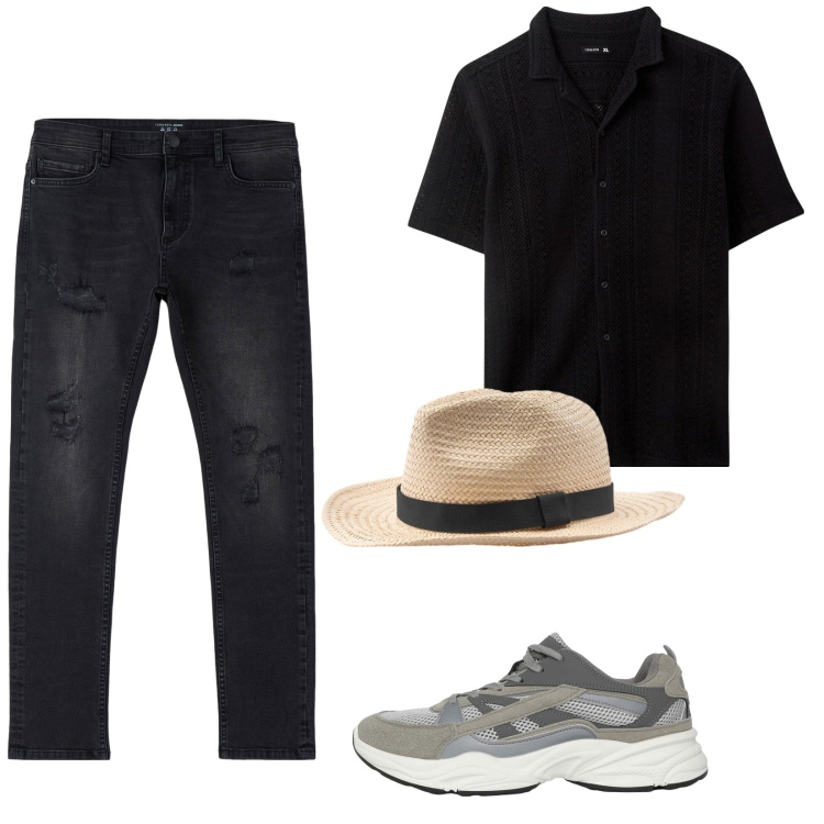 Outfit uomo - Total black. Stile Trendy per Tutti i giorni. Abbinamento con jeans strappati, sneakers, camicie a manica corta, cappelli.