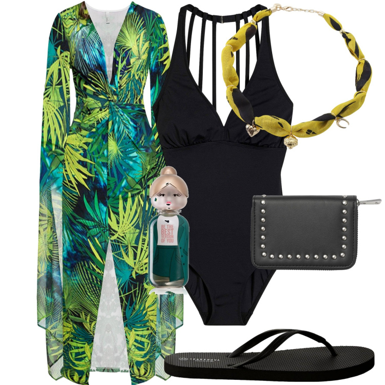 Outfit donna - Costume intero. Stile Glamour per Mare. Abbinamento con costumi interi, vestiti, profumi, portafogli, infradito, foulard.