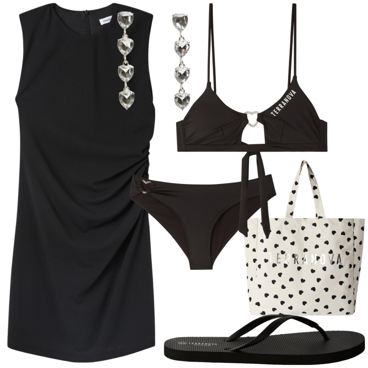 Outfit donna - Cuoricini. Stile Trendy per Mare. Abbinamento con bikini, bikini, vestiti corti, borse tote, infradito, orecchini.