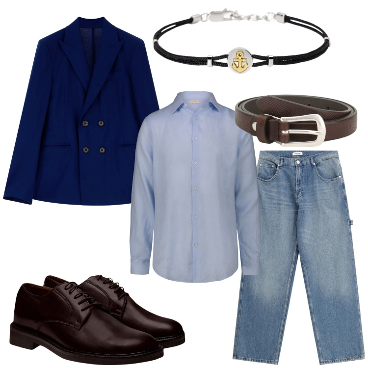 Outfit uomo - Smart casual. Stile Casual per Tutti i giorni. Abbinamento con braccialetti, giacche, cinture, jeans, scarpe stringate, camicie.
