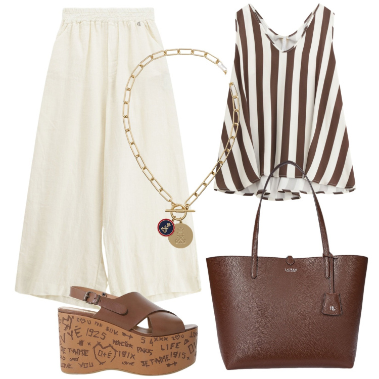 Outfit donna - Sobrio ma leggero. Stile Casual chic per Ufficio. Abbinamento con top, pantaloni, zeppe, borse tote, ciondoli.