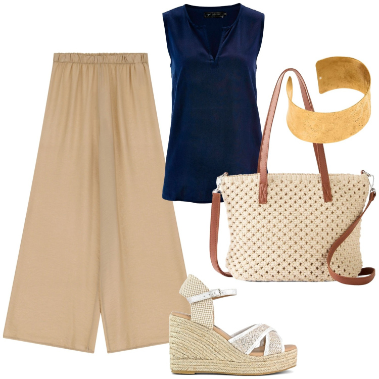 Outfit donna - Sabbia e blu. Stile Casual chic per Tutti i giorni. Abbinamento con borse a mano, top, pantaloni, zeppe, braccialetti.