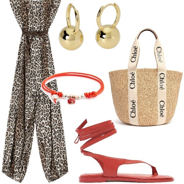 Outfit donna - Le serate di Luglio. Stile Casual per Serata fuori. Abbinamento con orecchini, tute, shopping bag, braccialetti, sandali in pelle.