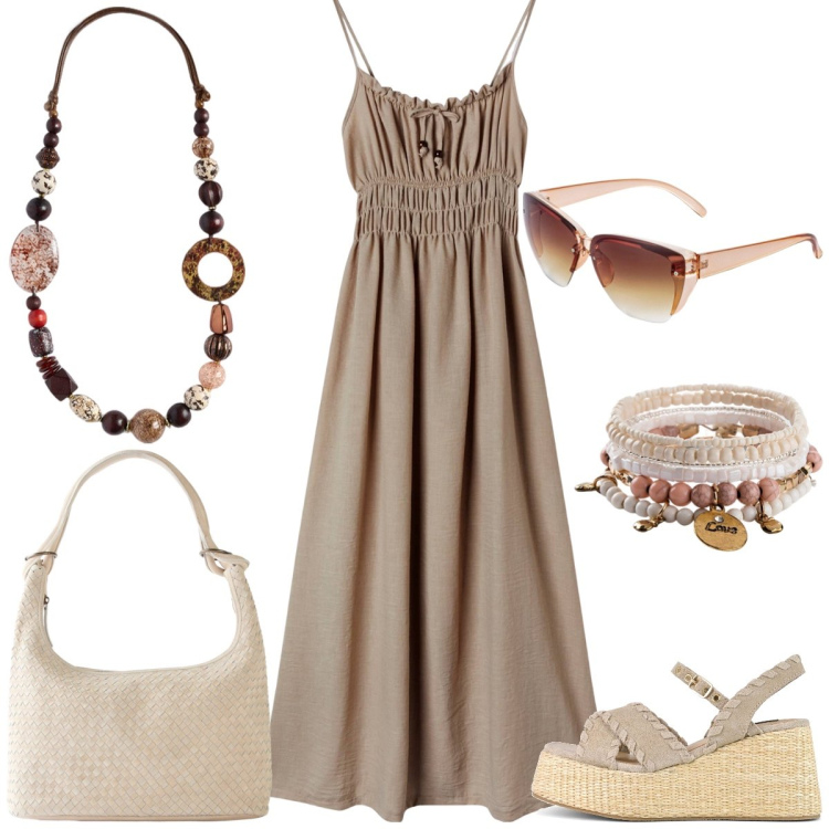 Outfit donna - Total look #2203854. Stile Boho per Tutti i giorni. Abbinamento con braccialetti, shopping bag, occhiali da sole, vestiti lunghi, zeppe, collane.