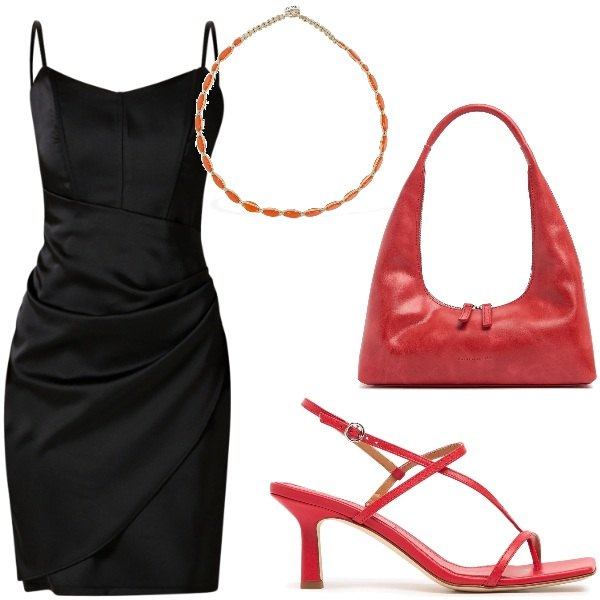 Outfit donna - A cena fuori. Stile Chic per Serata fuori. Abbinamento con vestiti a tubino, sandali in pelle, collane, borse a spalla.