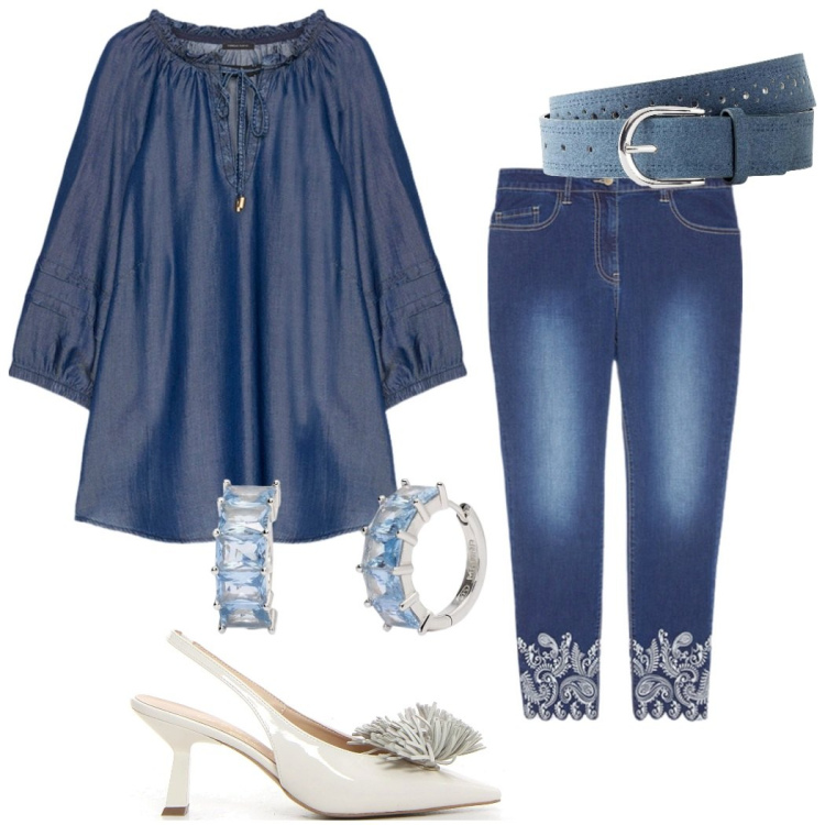 Outfit donna - Denim e décolleté bianche. Stile Casual chic per Tutti i giorni. Abbinamento con cinture, orecchini, jeans skinny, bluse, décolleté.