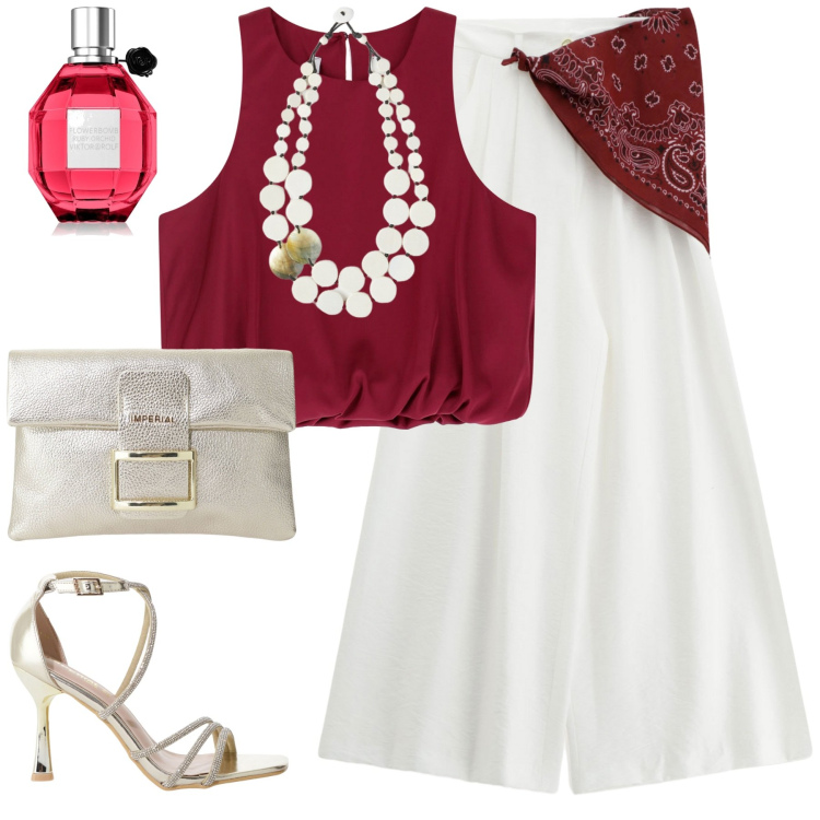 Outfit donna - Bandana. Stile Casual chic per Tutti i giorni. Abbinamento con profumi, pantaloni, top, sandali col tacco, pochette, ciondoli.