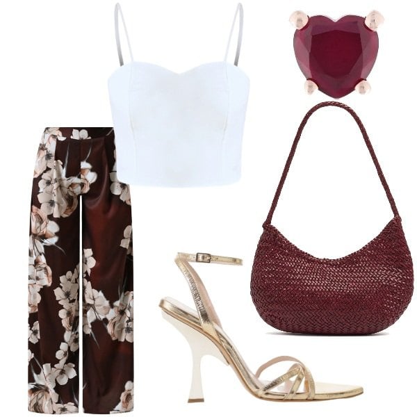 Outfit donna - Compleanno in villa. Stile Glamour per Serata fuori. Abbinamento con pantaloni a palazzo, top, sandali col tacco, orecchini, borse a spalla.