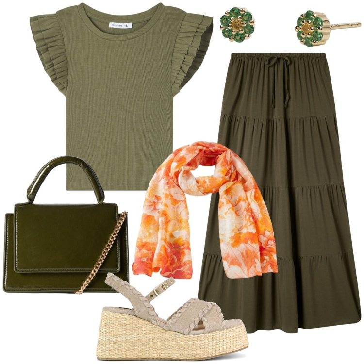 Outfit donna - Verde oliva con foulard a contrasto. Stile Casual chic per Serata fuori. Abbinamento con sciarpe, t-shirt, gonne lunghe, borse a tracolla, orecchini, zeppe.
