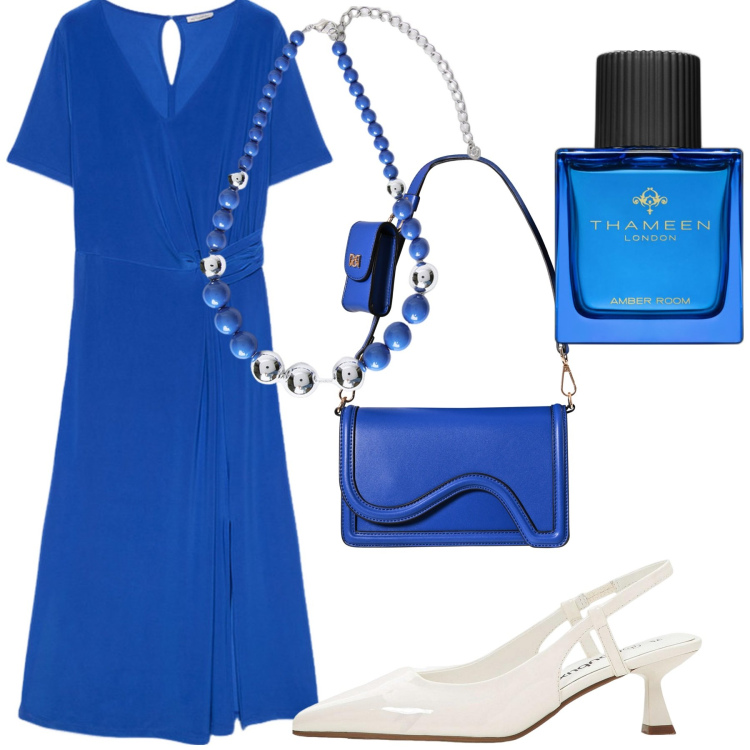 Outfit donna - Bluette. Stile Vintage retrò per Tutti i giorni. Abbinamento con décolleté, profumi, pochette, vestiti midi/longuette, collane.